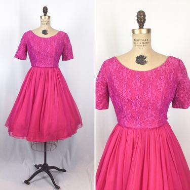 Vintage 50s dress | Vintage magenta lace chiffon fit and flare dress | 1950s pink party dress 