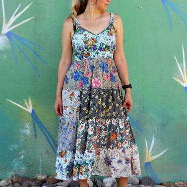Vintage 80s Westside Designs Peasant Dress, Boho Sundress, Multicolor Floral Print Cotton, Smocked Back, Large Women 