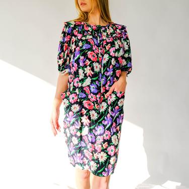 Vintage 80s Ungaro Solo Donna Paris Black Sack Dress w/ Bold Floral Print & Kangaroo Pouch Pockets | Made in Italy | 1980s Designer Dress 