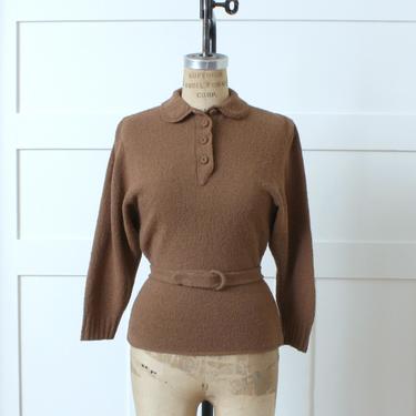 vintage 1950s dolman sleeve sweater • belted boucle knit wool pinup top in light brown 