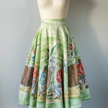 1950s Circle Skirt Mexican Hand Painted Novelty Cotton M 
