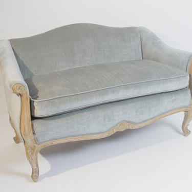 Early 1900’s French Provincial Settee w/ cotton Velvet Powder Blue Fabric