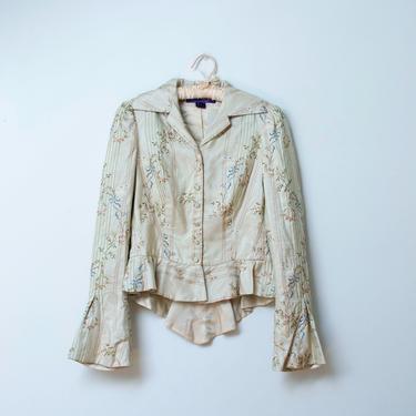 1990s Ralph Lauren Collection Silk Blazer / Victorian Style Embroidered Jacket Peplum Bell Sleeve 