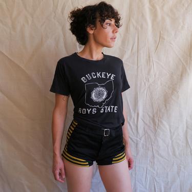 Vintage 1950s Athletic Shorts/ High Waisted Black Gold Striped Boxing Basketball Shorts/ Buckle Waist/ Size Small 