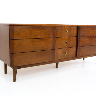 Stanley Mid Century Walnut and Brass 9 Drawer Lowboy Dresser - mcm 