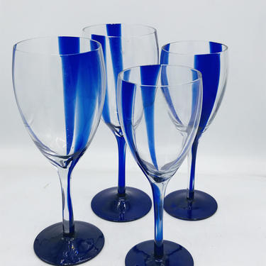 Unique set of four (4) Art Glass  Blue and Clear Glass  Wine Glasses- Studio Art- Blown Glass 