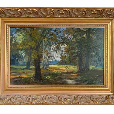 Vintage impressionist landscape oil painting Blue & green forest scene Signed original Hungarian art Gyula Metyko ~ Ornate gold leaf frame 