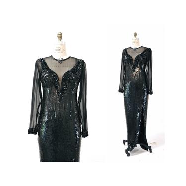 90s Vintage Black Sequin Evening Gown Size Medium Large// Black SHEER Sequin Evening gown long sleeves Sheer Black Pageant 90s Party Dress 