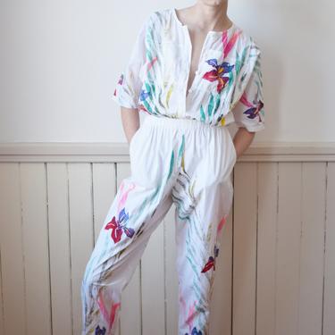 Vintage Iris Hand-Painted Jumpsuit | XS/S | 1980s/1990s Cotton Jumpsuit with Novelty Flower Print 