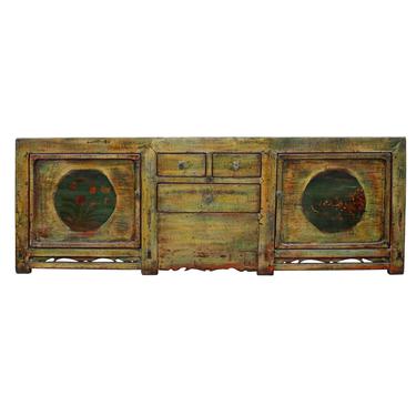 Chinese Distressed Green Brown Oriental Flower Graphic TV Console Cabinet cs4901S