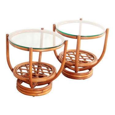 Free Shipping Within US - Pair of Vintage Hollywood Regency Bamboo Rattan Side Tables Stand 
