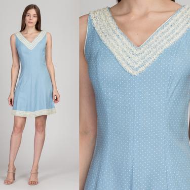 1960s Gay Gibson Blue Polka Dot Dress - Small | Vintage 60s Sleeveless A Line Lace Trim Dress 