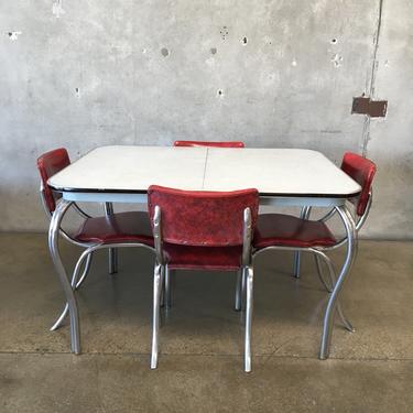 Vintage 1950's Chrome & Red Kitchen Table with Four Chairs and Leaf