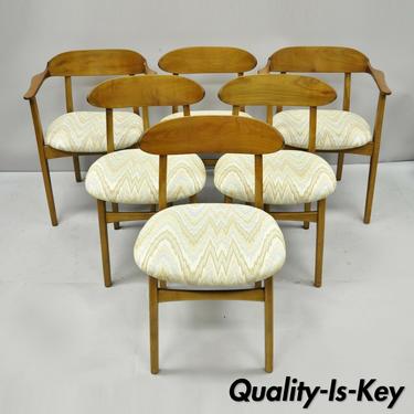 Six Vintage Mid Century Modern Sculpted Walnut Barrel Back Dining Room Chairs