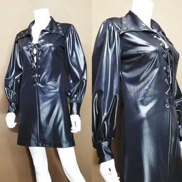 Vintage 60s 70s Shiny Black Dress ~ Short Black Gogo Dress ~ Balloon Sleeves &amp; Corset Laced Plunging Neckline ~ Oversized Pointy Collar S/M 