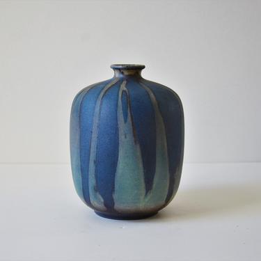 Vintage Hand Thrown Studio Art Pottery Vase, Blue Drip Glazed Vessel, Weed Pot 