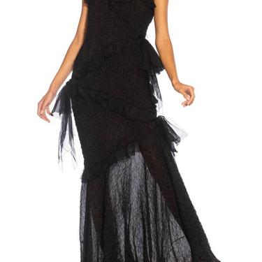 1980S Yves Saint Laurent Black Silk Textured Organza Strapless Gown With Chiffon Ruffles 