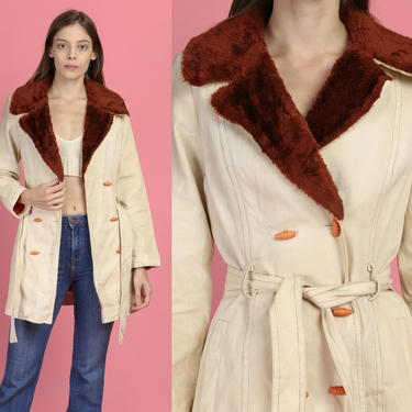 70s Faux Fur Trim Belted Jacket - Extra Small | Vintage Boho Toggle Button Distressed Coat 