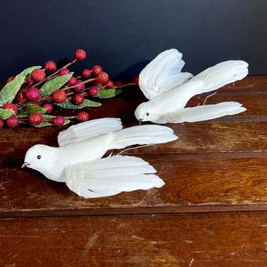 Set of 2 White Dove, Turtledove, Bird Christmas Tree Ornaments - Real Feathers, Christmas Decor Decoration, Spun Cotton, Wired Legs 