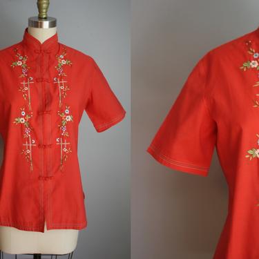 1960s Hand Embroidered Blouse // Asian Inspired // Large 