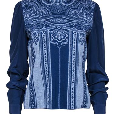 St. John - Blue Printed Long Sleeve Mock Neck Sweater Sz M