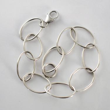 70's sterling oval rolo links funky hippie bracelet, handcrafted mod minimalist 925 silver open wavy wire bracelet 