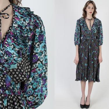 Vintage 80s Abstract Floral Dress / Plunging V Neck Dress Ruffle Bodice / Black Pleated Deep V Wrap Maxi Dress / Tassel Tie Georgette Dress 