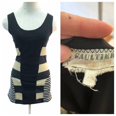 Vintage 90s Jean Paul Gaultier Maille Femme Black Stripe Bodycon Dress 