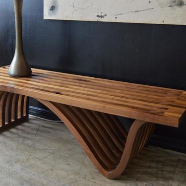 Sculptural Slatted Walnut Bench / Coffee Table