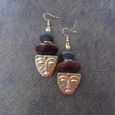 Ethnic mask earrings, tribal dangle earrings, brass earrings, Afrocentric earrings, African earrings, unique primitive earring, tiki, brown 