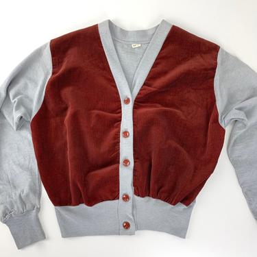 1950'S-60'S Young Boy's Cardigan - Burgandy Cotton Corduroy and Gray Jersey Knit - NOS - Dead Stock 