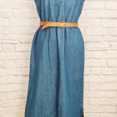 Vintage 90s Denim Maxi Dress with Floral Embroidery // Sleeveless Blue Shift Dress 