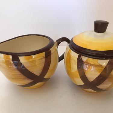 Vintage Rare  &amp;quot;Organdie&amp;quot; Metlox Vernon Ware Sugar Bowl with lid and Creamer- Brown and Yellow- Retro- 1950's 