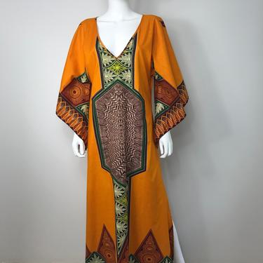 Vtg 70s cotton dashiki african print ethnic caftan maxi angel dress 