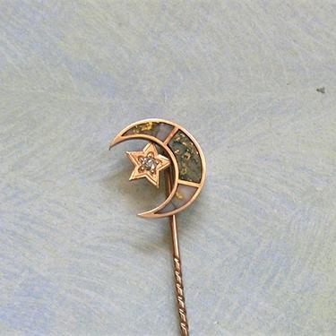 Antique 10K Rose Gold Stick Pin With Gold in Quartz and Diamond, Gold Stick Pin With Crescent Moon and Star, 10K Rose Gold Stickpin (#3846) 