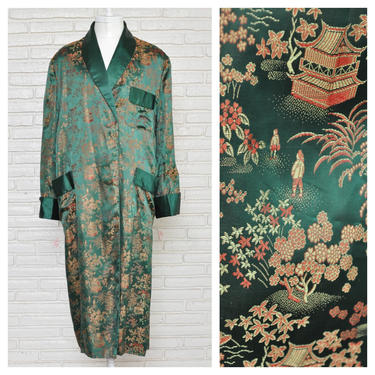 Vintage Green Silk Smoking Jacket Robe Menswear Kimono Coat Size XL 