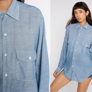 Big Mac Chambray Shirt 70s Shirt Blue Distressed Sheer Workwear Button Up Denim Cotton 1970s Long Sleeve Vintage Plain Medium Large 