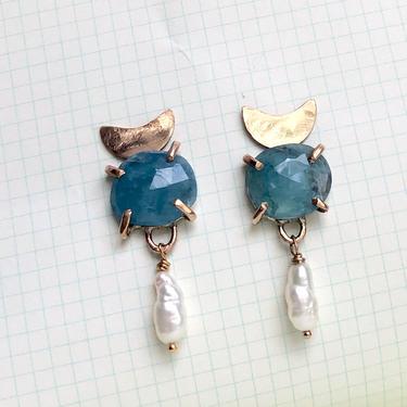 Aquamarine and Pearl Moon Earrings in 14k Gold-Fill Handmade Totem Stud Dangles 