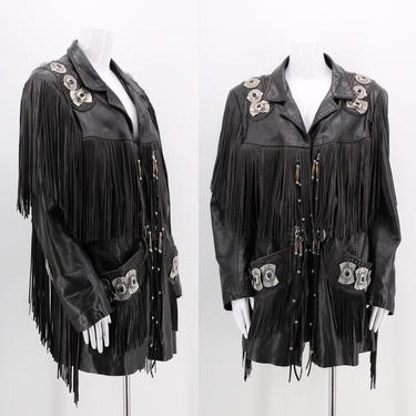 80s Arturo black leather fringe silver concho artisan jacket / vintage 1980s goth western unisex custom coat jacket 40 