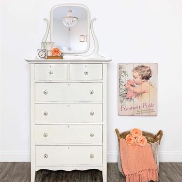 Antique White Dresser with Swing Mirror, Painted Chest of Drawers with Glass Knobs, Shabby Chic Dresser with Mirror 