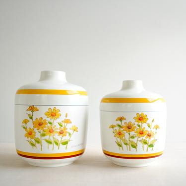 Vintage Mid Century Canister Set with Yellow Flowers, Sears 1977 Nesting Canisters 