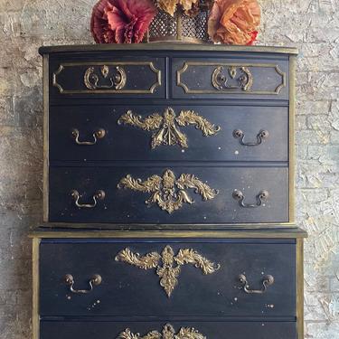 Gorgeous Hand Painted Black Gold Dresser - Vintage Hollywood Glam Dresser  - Black Gold Dresser - Painted Furniture -  Gilded Gold Dresser 