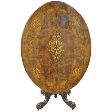 19th Century Victorian Carved Burl Walnut Tilt-Top Marquetry Inlay Center Table
