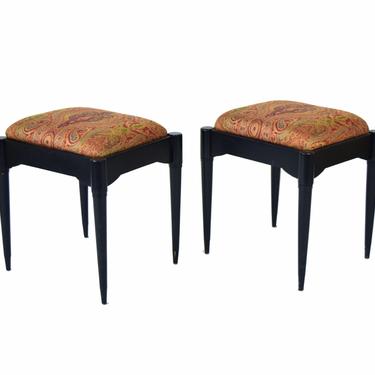 Pair Vintage Mid-Century Paisley Shawl Upholstered Black Stools Hidden Storage 
