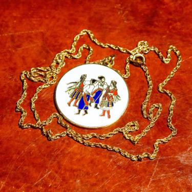 Vintage Signed Gold Tone Enamel Pendant Necklace, Stella Conway 1977, White Circle Pendant W/ Colorful Figures, Gold Tone Rope Chain, 24” L 