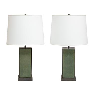 Karl Springer Pair of Table Lamps in Green Shagreen and Bronze 1980s