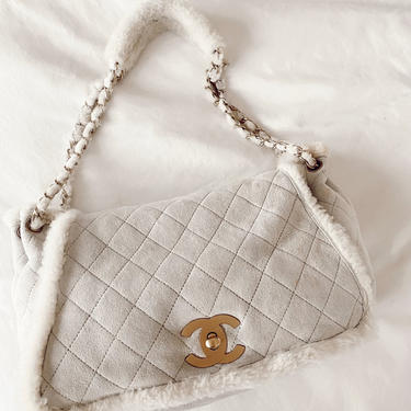 Vintage 90's CHANEL Large CC Turnlock Classic Flap Gray White SHEARLING Fur Lambs Wool Suede Leather Chain Shoulder Bag Purse 