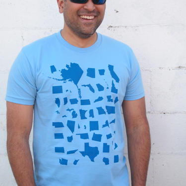 United Shapes of America T-shirt Light Blue Shirt with Navy Blue Ink - Screenprinted American Apparel - Geography Apparel 
