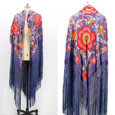 20s piano shawl, floral embroidered silk export with long fringe, modified as a wrap vintage antique 1920s 
