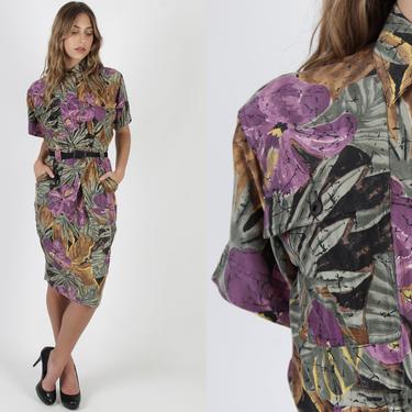 Vintage 80s Safari Style Dress With Pockets / Silk Floral Jungle Print / Small Collar Wiggle Tropical Resortwear Pencil Mini Dress 
